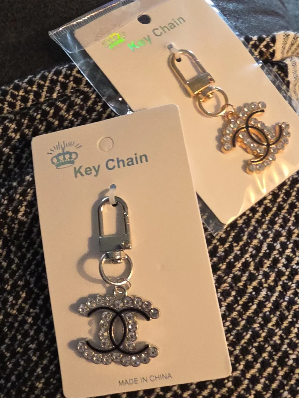 Crystal Interlocking Logo Key Chain - Black and Silver